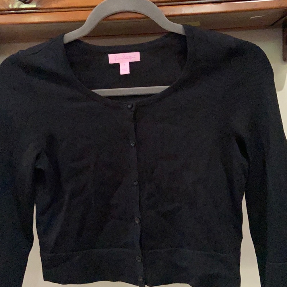 Lilly Pulitzer black button down light sweater. Size Small!! Like New